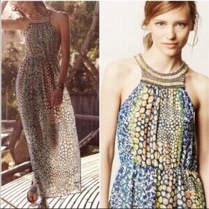 Anthropologie HD in Paris Mayacamas Maxi Dress US 4 Small Beaded Neck Multicolor